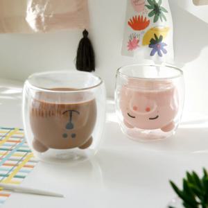 홈카페 내열 이중 유리 동물컵 2P세트_곰돌이+돼지(pig)