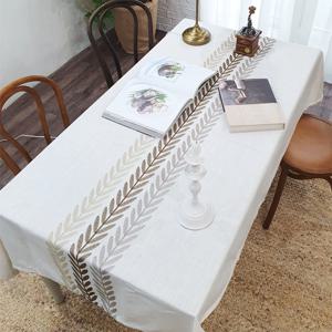 린넨 방수 식탁보 2인 4인 6인용 테이블보 나뭇잎 자수 브라운 파스텔