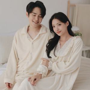 크림 수면잠옷 겨울 커플 원피스 잠옷