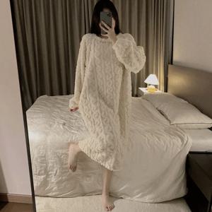 꽈배기 극세사 수면 잠옷 라운드넥 롱 원피스 2color