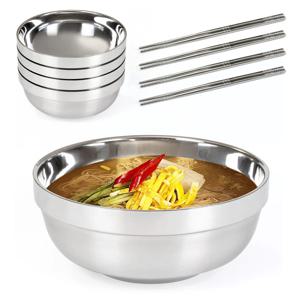 올비아 스텐 이중 면기 18cm 4개+젓가락 4벌 /스텐304 국대접 냉면기 그릇 스텐면기