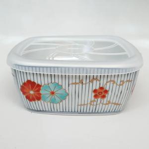 하코야 사각 미니 도자기볼 300mL(+전자렌지용뚜껑) 찬기 밥공기-줄매화