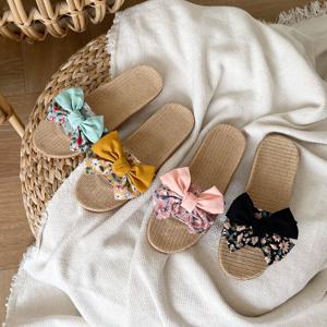들꽃리본 왕골 슬리퍼 라탄 실내화 리본 여름 사무실 해변 레이스 줄무늬 꽃 프릴 린넨