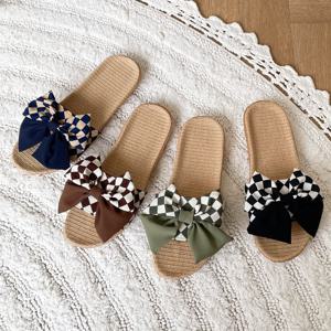 체크리본 왕골 슬리퍼 라탄 실내화 리본 여름 사무실 해변 레이스 줄무늬 꽃 프릴 린넨