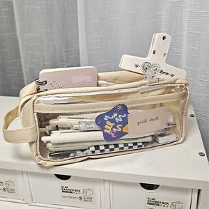 PVC 투명 스퀘어 사각 대용량 필통 파우치 문구 필기구 가방 손잡이 친구선물추천 생일선물