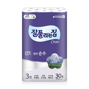 명작 순수 3겹 화장지 30m x 30롤 x 1팩