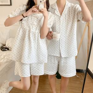 커플 화이트 스마일 도트 프릴 리본 반팔 남성용 파자마 세트
