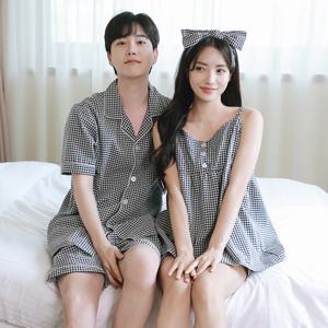 블랙 체크 지지미 여름 나시 커플 여성 잠옷