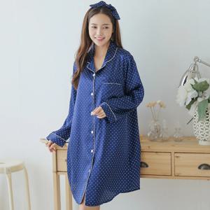 여자잠옷 실크원피스 도트샤무즈 임부복 홈웨어 긴팔 홈드레스 (카라형)