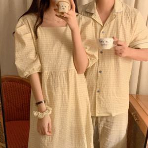 커플 몰리 지지미 체크 반팔 퍼프 잠옷 롱 여성용 원피스 2color