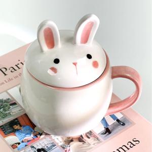토끼 머그컵 350ml 핸드메이드 도자기 뚜껑 커피잔 생일 집들이 선물