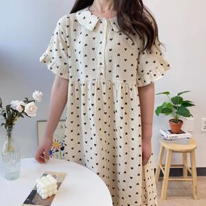 하트 도트 요루 순면 반팔 롱 원피스 수유 파자마 2size