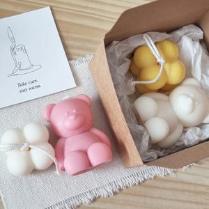 작은 곰돌이+미니 큐브 캔들 세트 귀여운 오브제 곰캔들 선물포장
