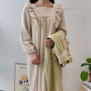 요루면 스퀘어넥 긴팔 순면 롱 원피스 임부 잠옷 파자마 2color