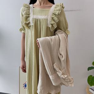 요루면 스퀘어넥 반팔 순면 롱 원피스 임부 잠옷 파자마 2color