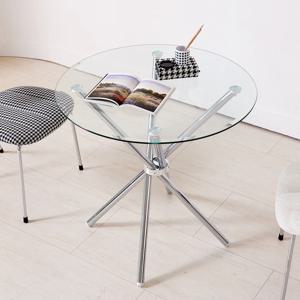 미드센츄리 모던 크롬스틱 강화유리 800 원형 테이블 거실 식탁 (의자선택)