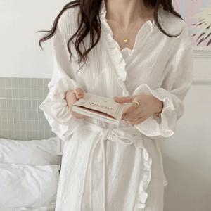 헤어 스크런치 포함 웨하스 프릴 롱 로브 홈웨어 샤워 골프 가운 (1color)