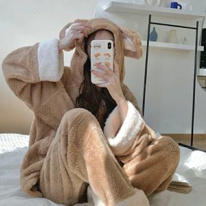극세사 곰돌이 후드 상하세트 겨울 수면 잠옷 홈웨어 여성 파자마