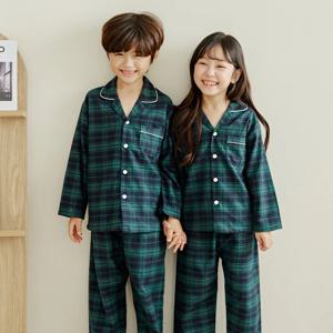 6058 홀리체크 그린 무형광 아동 주니어잠옷 긴팔잠옷