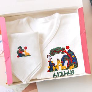 일러스트 자수 지혜(장생도) 각인 배냇저고리 디자인 출산선물세트 아기 옷 베냇저고리 슈트