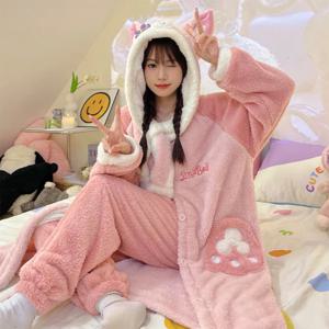 fooi 러블리 핑크 여우 잠옷 상하의 세트 프리미엄 극세사 동물잠옷
