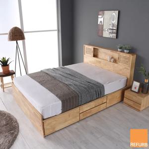 [리퍼] 오리온 고무나무 원목 LED조명 수납 서랍형 침대프레임 내추럴 월넛 SS Q K