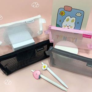 메쉬라벨필통 미니파우치 문구 팬시 사각 반투명 멀티필통 1+1