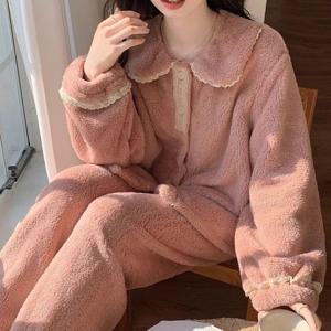 2컬러/ 카라 레이스 수면잠옷 여성 극세사잠옷 파자마 홈웨어 상하세트 기모 겨울잠옷
