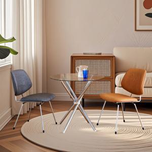 미드센츄리 크롬스틱 강화유리 800 원형 2인 테이블세트 (모네의자2개포함)