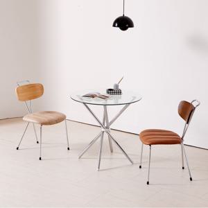 미드센츄리 크롬스틱 강화유리 800 원형 2인 테이블세트 (핸들의자2개포함)