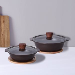 쿠킨 세라믹 인덕션 뚝배기 냄비 2종 세트(20+24cm) 나무받침 2개 포함