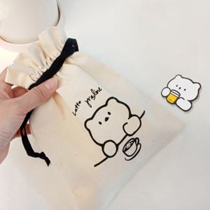 세트 상품 곰 라떼한잔의 여유 캐릭터 에코파우치+곰 브로치set