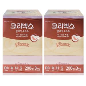 크리넥스 각티슈 클래식 소프트 200매 3입x2 곽티슈 갑티슈 곽휴지 미용티슈