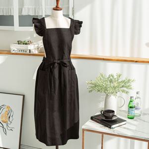 데니블랙 앞치마 면린넨 공방 주방 무지 심플 프릴 원피스형