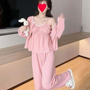[3피스] 베이직 레이 잠옷 상하세트 여성 브라캡 가디건 긴팔 끈나시 홈웨어 파자마 사계절