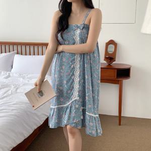 리본 플라워 어깨끈 국산 여성  슬립 원피스 잠옷 골프 가운