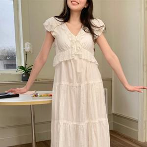 반팔 빅프릴 화이트 롱원피스(캡내장)