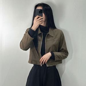여성 스웨이드 절개 카라 크롭 숏 자켓 간절기 무스탕 유니크 여자 카라넥 지퍼 세미크롭