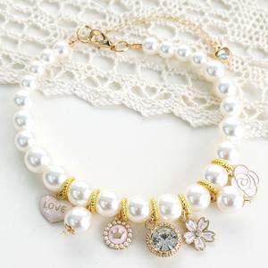 러브 플로럴 강아지 목걸이 고급 애견 패션 용품 악세서리 비즈 체인 고양이 핑크