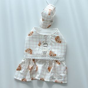곰돌이 체크 원피스 강아지 하네스 + 선캡 2종 SET