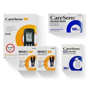 케어센스N 혈당측정기+시험지 100매+침100개+알콜솜100매 당 체크기 검사기 세트