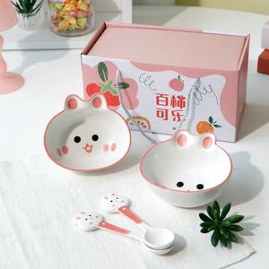 토끼 시리얼 스푼+볼 4p세트 도자기 요거트 간실 이유식 보울 어린이선물