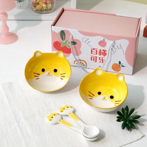 고양이 시리얼 스푼+볼 4p세트 도자기 요거트 간실 이유식 보울 어린이선물