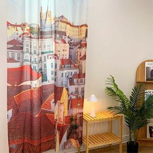 리스본 레드 빌리지 쉬폰 패브릭 포스터 유럽 풍경 가리개 커튼 135x230cm