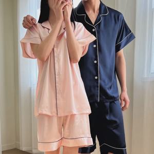 국산 커플 실크 잠옷 신혼 파자마 홈웨어 반팔 상하세트