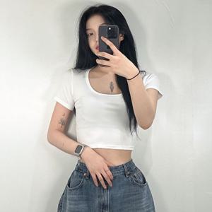 여성 반팔 티 크롭 티셔츠 2color 여자 세미크롭 기본 여름 봄 옷 흰티 쫄티 면티