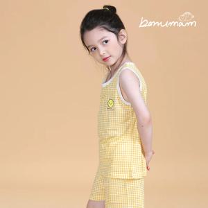 미니체크 노랑 민소매 인견 쟈가드 상하세트