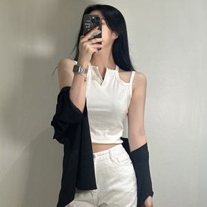 여성 두줄 나시 워터밤 옷 패션 페스티벌룩 2color 어깨 끈 단추 세미크롭 나시티 티