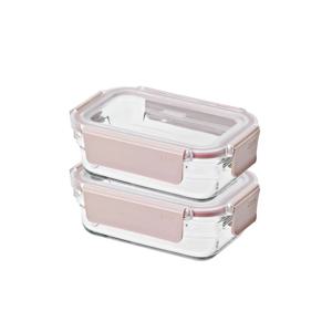 퓨어 유리 밀폐용기 직사각 395ml 2조 세트(샌드핑크)