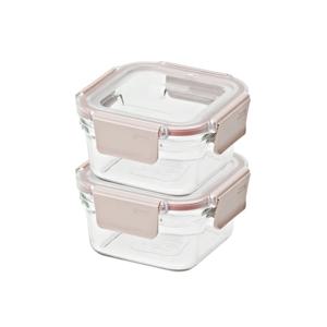 퓨어 유리 밀폐용기 정사각 440ml 2조 세트(샌드핑크)